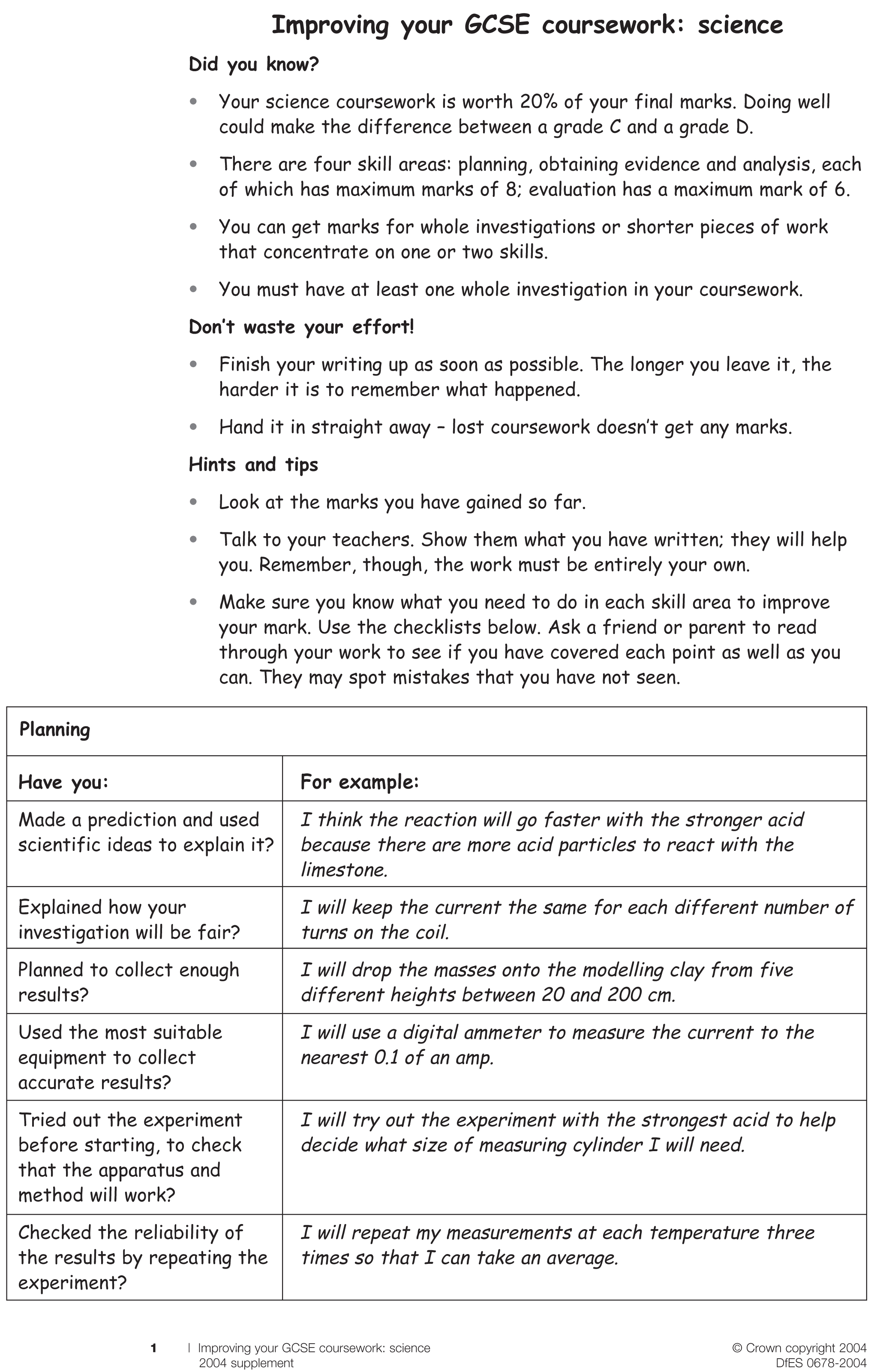 Ocr science coursework examples