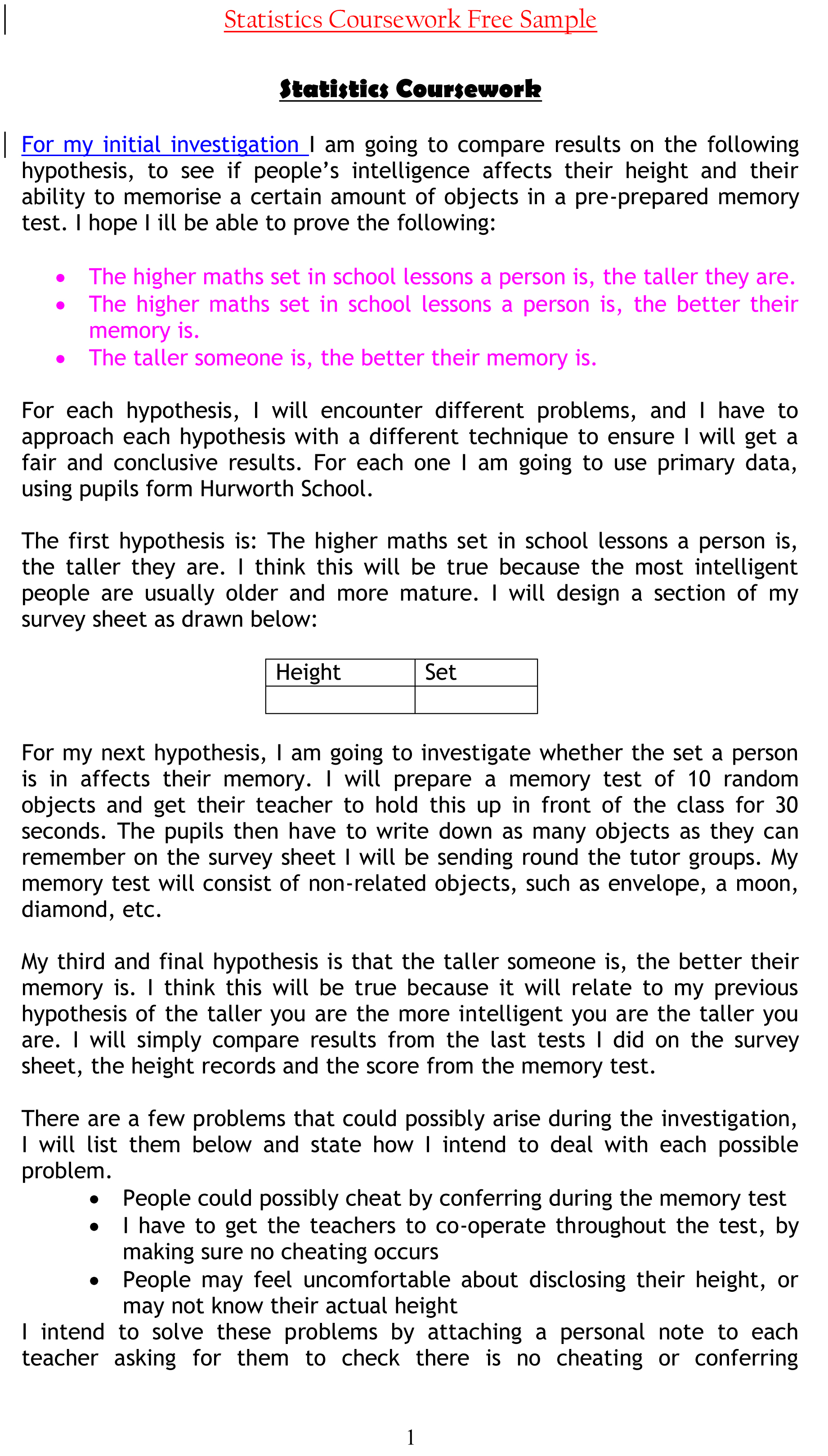 Mayfield school statistics coursework